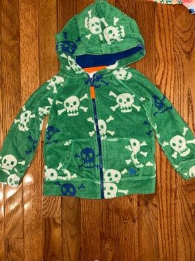 Mini Boden Kids Green Skull Print Terry Hooded Zip-Up-3/4 yrs